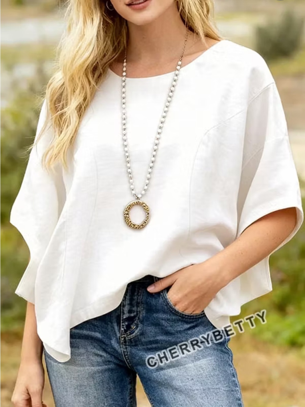 Cherry Betty Women's White Relaxed Batwing Top